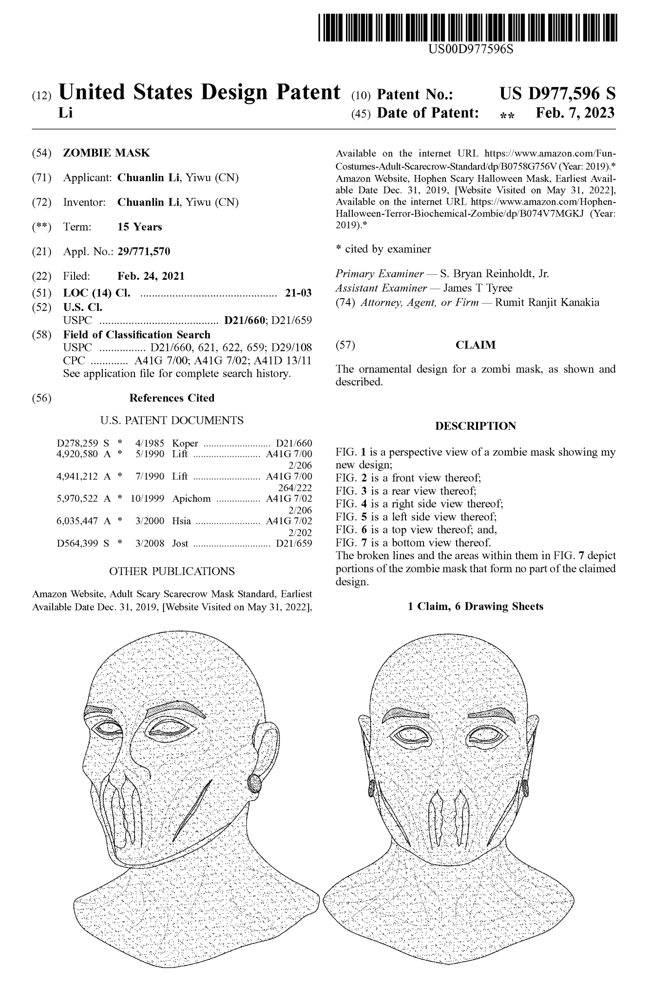 Design patents for zombie/monster masks